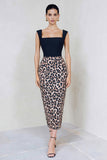 Black and Brown Leopard Square Neck Bodycon Midi Work Dress
