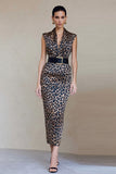 Brown Leopard Bodycon Satin Printed Midi Work Dress with Belt