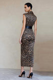 Brown Leopard Bodycon Satin Printed Midi Work Dress with Belt