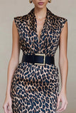 Brown Leopard Bodycon Satin Printed Midi Work Dress with Belt