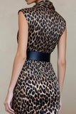 Brown Leopard Bodycon Satin Printed Midi Work Dress with Belt
