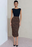 Bodycon Boat Neck Black and Brown Leopard Midi Work Dress with Slit