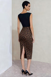 Bodycon Boat Neck Black and Brown Leopard Midi Work Dress with Slit