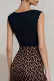 Bodycon Boat Neck Black and Brown Leopard Midi Work Dress with Slit