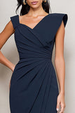 Navy Sheath Ruched Satin Midi Work Dress with Slit