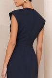 Navy Round Neck Satin Bodycon Midi Work Dress with Slit