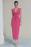 Sheath Ruched V-Neck Hot Pink Midi Work Dress with Slit