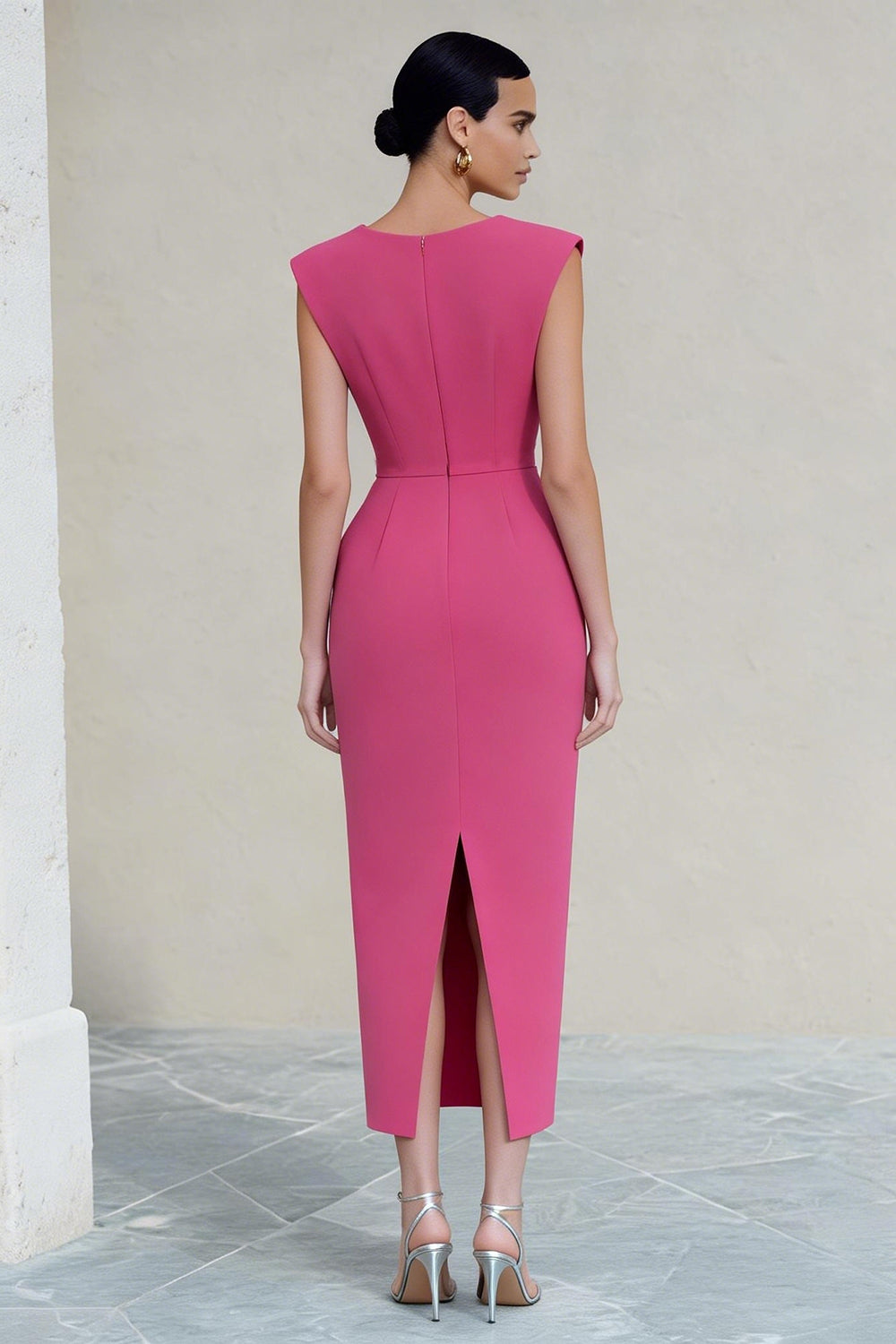 ZAPAKA Women Hot Pink Work Dress Sheath Ruched V-Neck Satin Midi Business Dress with Slit ZAPAKA UK ZAPAKA Women Hot Pink Work Dress Sheath Ruched V-Neck Satin Midi Business Dress with Slit ZAPAKA UK