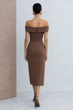 Off The Shoulder Sheath Brown Satin Midi Work Dress with Slit