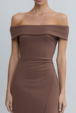 Off The Shoulder Sheath Brown Satin Midi Work Dress with Slit