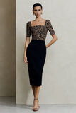 Sheath Black and Brown Leopard Short Sleeves Midi Work Dress