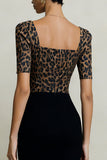 Sheath Black and Brown Leopard Short Sleeves Midi Work Dress