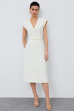 Ivory Sheath V-Neck Midi Work Dress with Belt