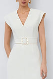 Ivory Sheath V-Neck Midi Work Dress with Belt