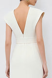 Ivory Sheath V-Neck Midi Work Dress with Belt
