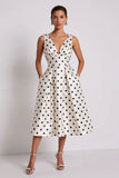 White Black Polka Dots A-Line V-Neck Midi Work Dress with Pockets