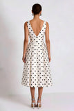 White Black Polka Dots A-Line V-Neck Midi Work Dress with Pockets