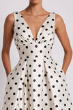 White Black Polka Dots A-Line V-Neck Midi Work Dress with Pockets