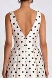 White Black Polka Dots A-Line V-Neck Midi Work Dress with Pockets