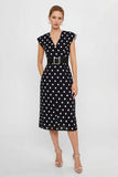 Sheath White Black Polka Dots V-Neck Midi Work Dress with Belt