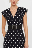 Sheath White Black Polka Dots V-Neck Midi Work Dress with Belt