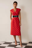 Sheath White Black Polka Dots V-Neck Midi Work Dress with Belt