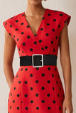 Sheath White Black Polka Dots V-Neck Midi Work Dress with Belt