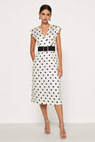 Sheath White Black Polka Dots V-Neck Midi Work Dress with Belt