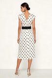 Sheath White Black Polka Dots V-Neck Midi Work Dress with Belt