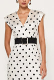 Sheath White Black Polka Dots V-Neck Midi Work Dress with Belt