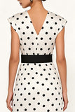 Sheath White Black Polka Dots V-Neck Midi Work Dress with Belt