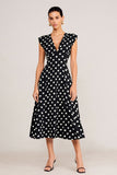 Simple Black White Polka Dots A-Line V-Neck Midi Work Dress