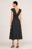 Simple Black White Polka Dots A-Line V-Neck Midi Work Dress