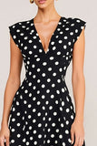 Simple Black White Polka Dots A-Line V-Neck Midi Work Dress