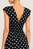 Simple Black White Polka Dots A-Line V-Neck Midi Work Dress