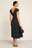 Black White Polka Dots V-Neck A Line Midi Work Dress with Sleeves