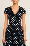 Black White Polka Dots V-Neck A Line Midi Work Dress with Sleeves