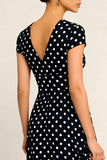 Black White Polka Dots V-Neck A Line Midi Work Dress with Sleeves
