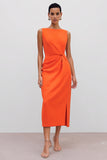 Sheath Bateau Neck Orange Satin Ruched Midi Work Dress with Slit