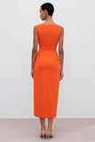 Sheath Bateau Neck Orange Satin Ruched Midi Work Dress with Slit