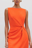 Sheath Bateau Neck Orange Satin Ruched Midi Work Dress with Slit