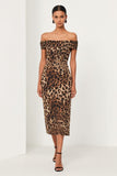 Brown Leopard Sheath Off The Shoulder Midi Work Dress with Slit