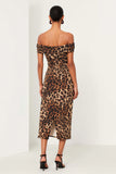 Brown Leopard Sheath Off The Shoulder Midi Work Dress with Slit