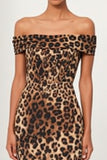 Brown Leopard Sheath Off The Shoulder Midi Work Dress with Slit