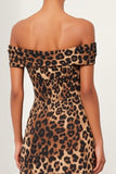 Brown Leopard Sheath Off The Shoulder Midi Work Dress with Slit