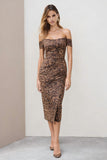 Off The Shoulder Brown Leopard Bodycon Midi Work Dress with Slit
