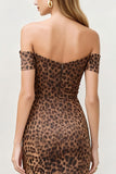 Off The Shoulder Brown Leopard Bodycon Midi Work Dress with Slit