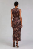 Brown Leopard Sheath Boat Neck Midi Work Dress with Slit