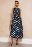 Navy White Polka Dots Round Neck A Line Midi Work Dress with Belt