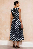 Navy White Polka Dots Round Neck A Line Midi Work Dress with Belt